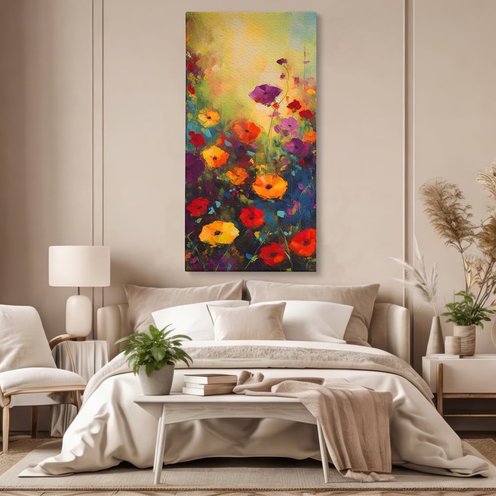 Tablou canvas cu pictura camp cu flori colorate, fara rama, pe sasiu de lemn, pe perete intr-un dormitor